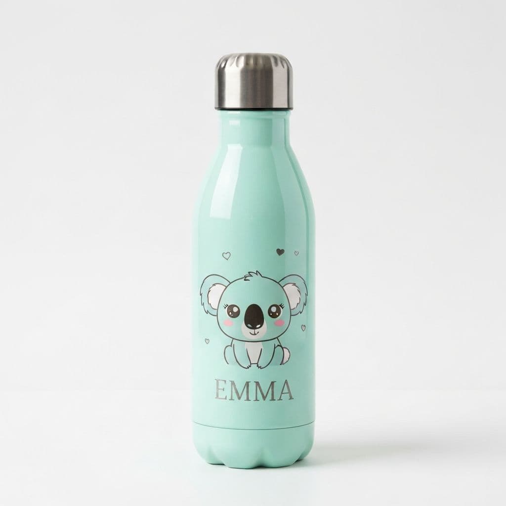 Personalised stainless steel kids water bottle with koala design