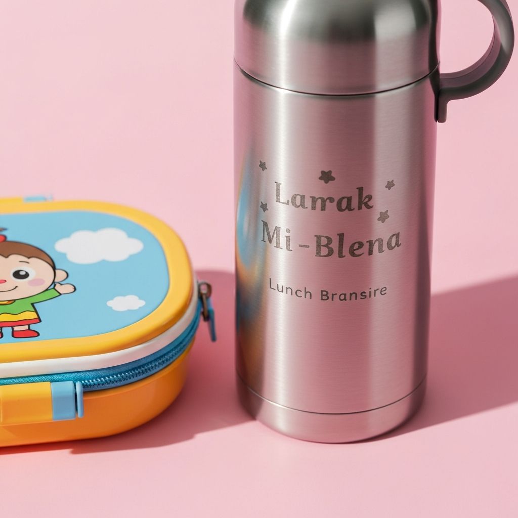Close up of a child's name engraved on a stainless steel water bottle and lunch box